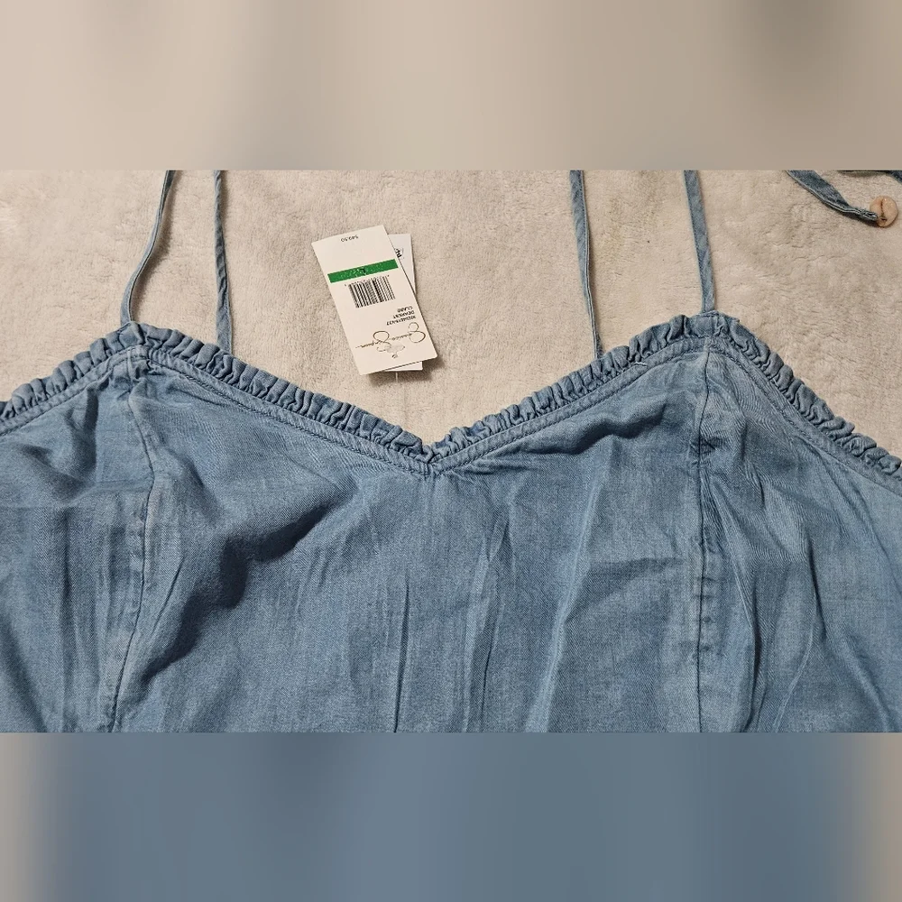 NWT Jessica Simpson Cropped Spaghetti Strap W/ Shell Detail Denim Top; Size L - Picture 4 of 12